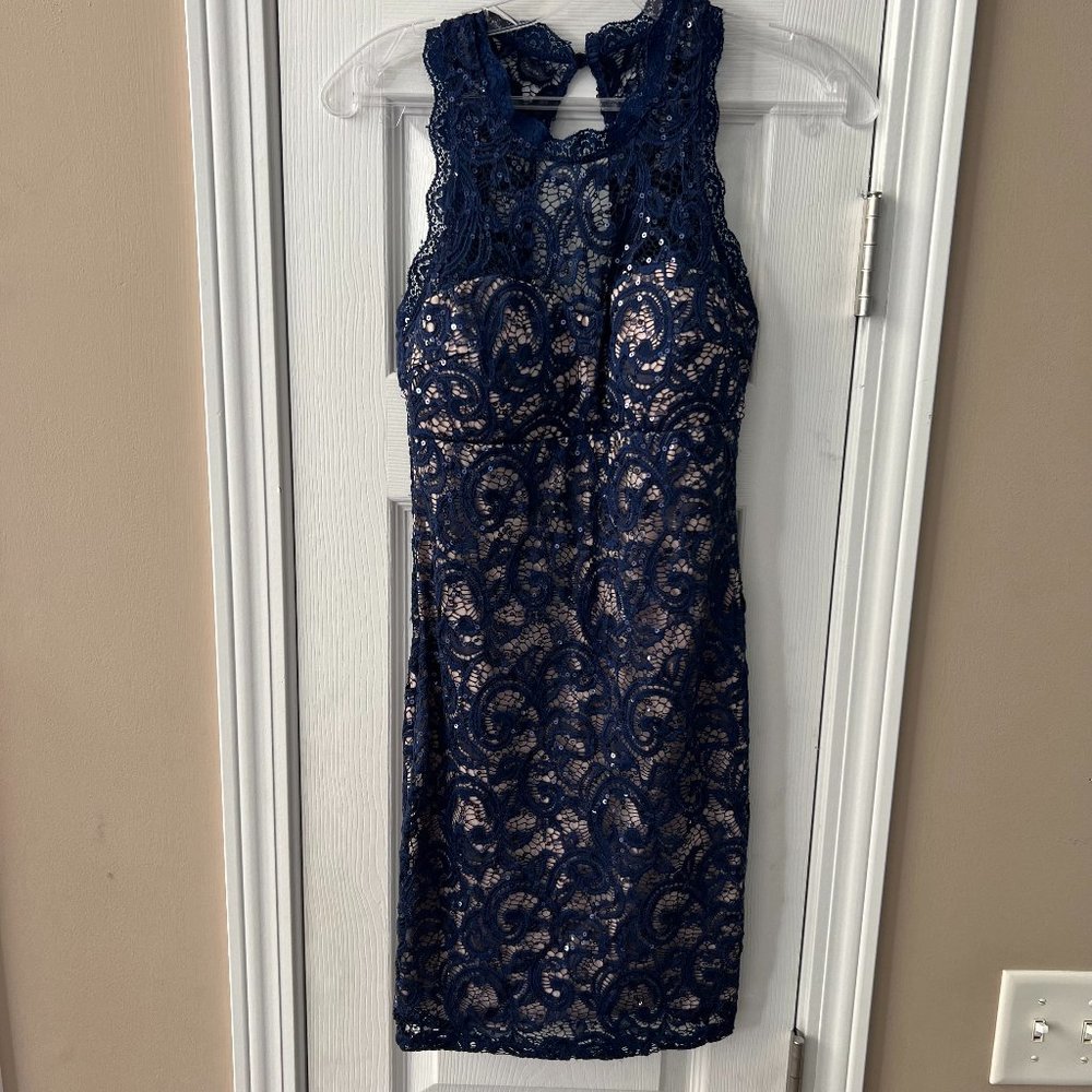 Sequin Heart Lace Halter Bodycon Homecoming Dress Navy Blue & Nude Siz…